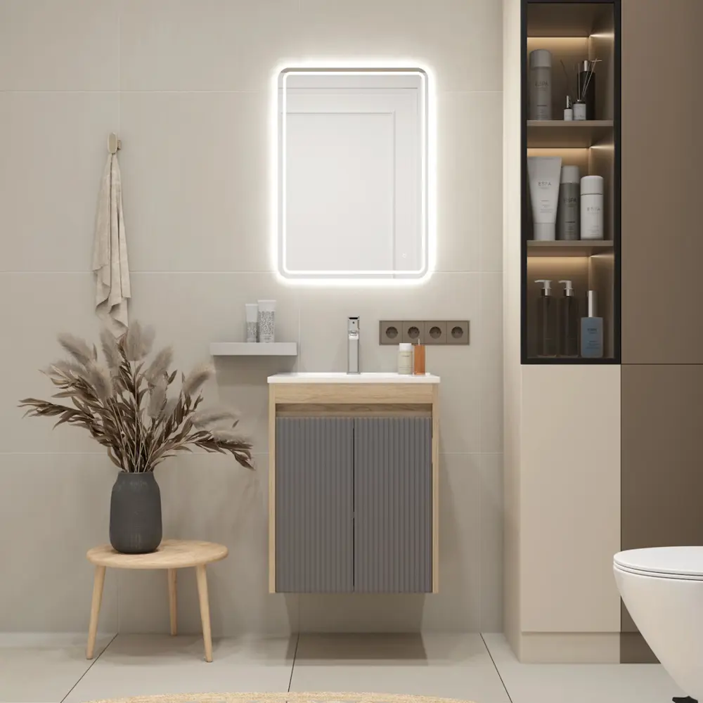 Фото 5 Тумба под раковину подвесная Teymi F16018 50см с раковиной цвет Netta 50 дуб/графит+ ritta 50