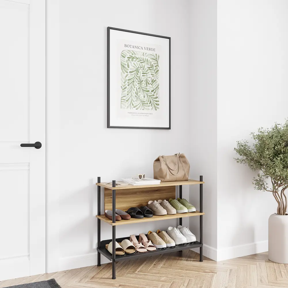 Фото Обувница Ulitka Nord 85x73.5x35 см 3 полки ЛДСП цвет дуб крафт золотой/черный Фото Обувница Ulitka Nord 85x73.5x35 см 3 полки ЛДСП цвет дуб крафт золотой/черный