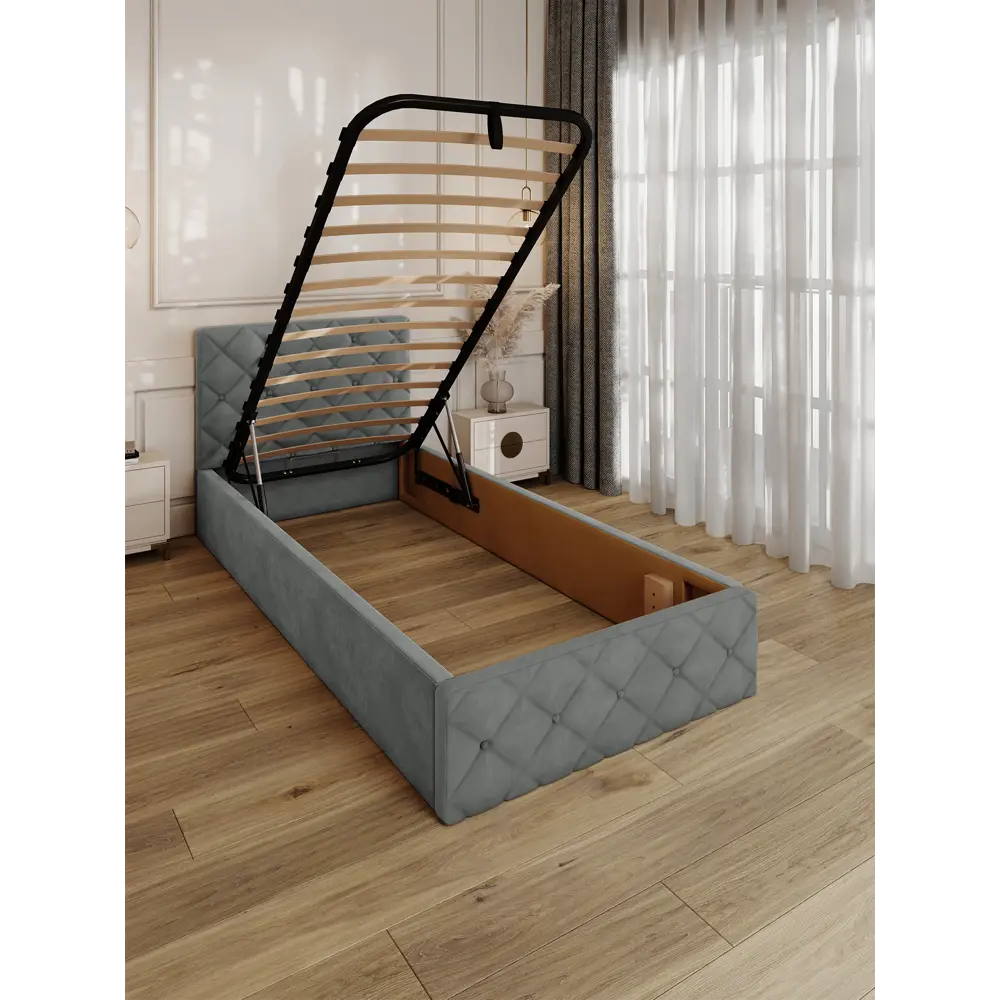 Фото 2 Кровать Solarius Эпсилон 200x90 см подъемный механизм обивка с ромбовидным узором с пуговицами цвет светло-серый Фото 2 Кровать Solarius Эпсилон 200x90 см подъемный механизм обивка с ромбовидным узором с пуговицами цвет светло-серый