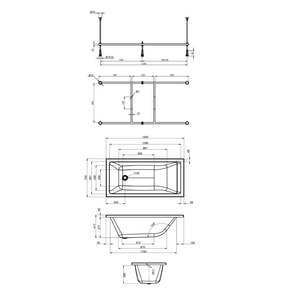 Фото 13 Ванна Am.pm Gem 140x70 см акриловая с каркасом с фронтальной панелью и слив-перелив цвет белый