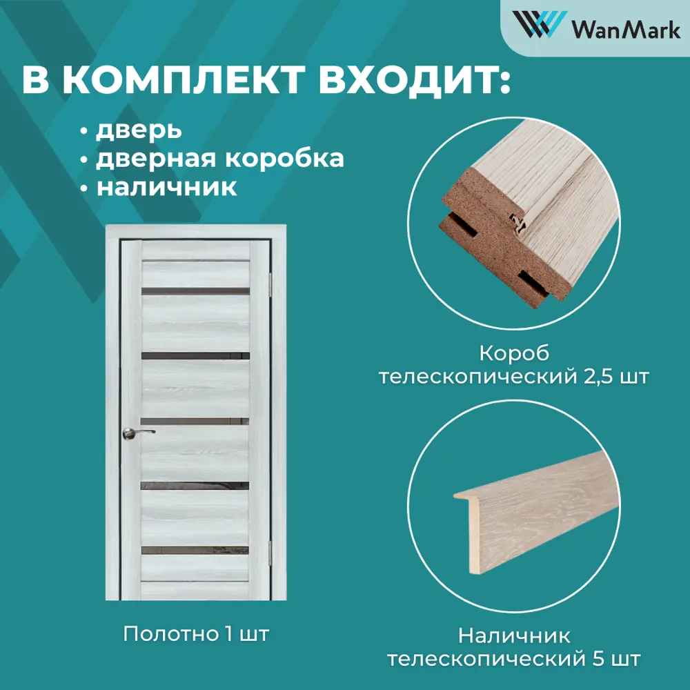 Фото 9 Межкомнатная дверь Wanmark D1 остеклённая 190x60см ПВХ цвет ясень ривьера айс