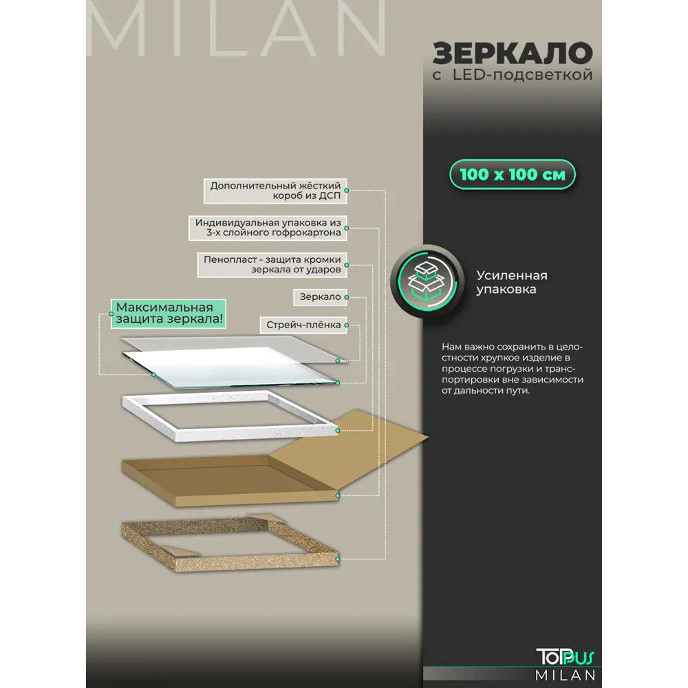 Фото 9 Зеркало для ванной Toppus Milan 2911.028 с подсветкой 100x100см Фото 9 Зеркало для ванной Toppus Milan 2911.028 с подсветкой 100x100см