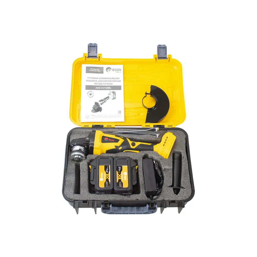 Фото 3 Угловая шлифовальная машина аккумуляторная бесщеточная Edon Super AG-21/125BL, 21 В Li-Ion 2x4 Ач, 125 мм Фото 3 Угловая шлифовальная машина аккумуляторная бесщеточная Edon Super AG-21/125BL, 21 В Li-Ion 2x4 Ач, 125 мм