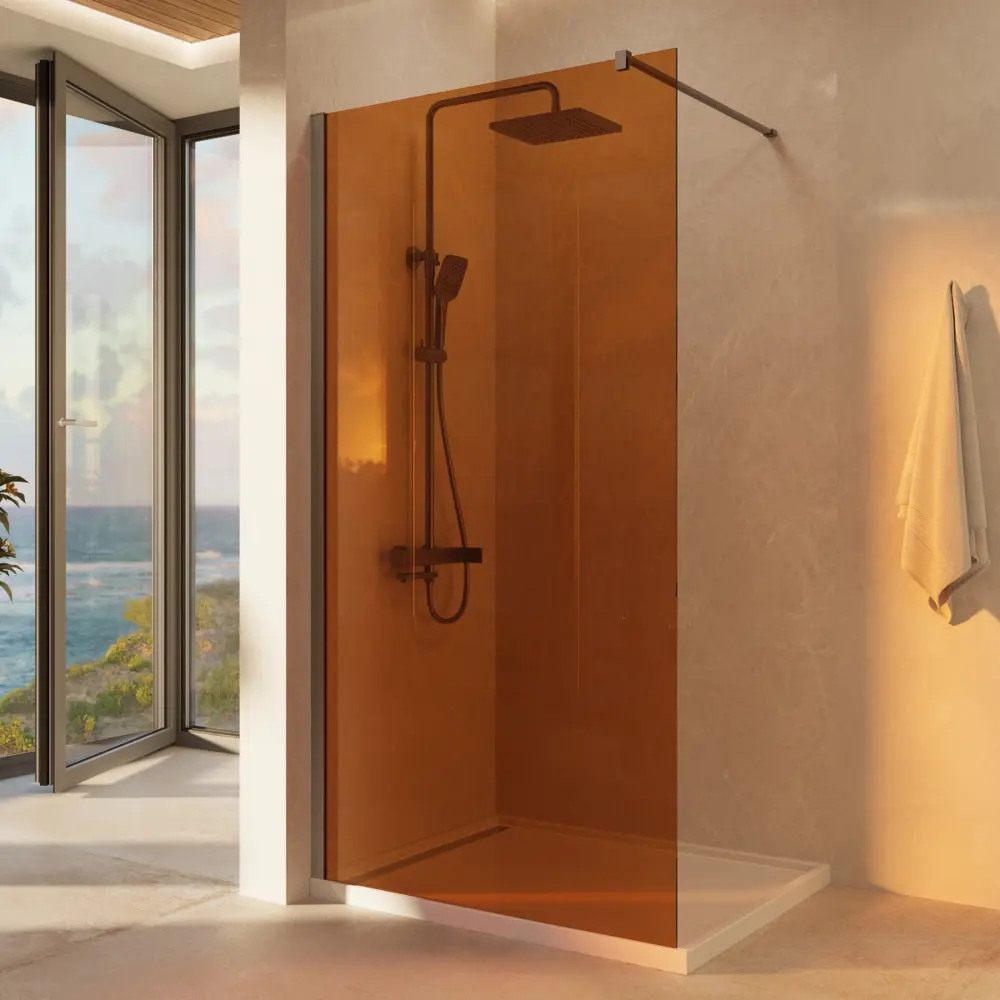 Фото Душевая перегородка Vincea Walk-In VSW-1H100GSGM 100x200см профиль вороненая сталь стекло янтарь