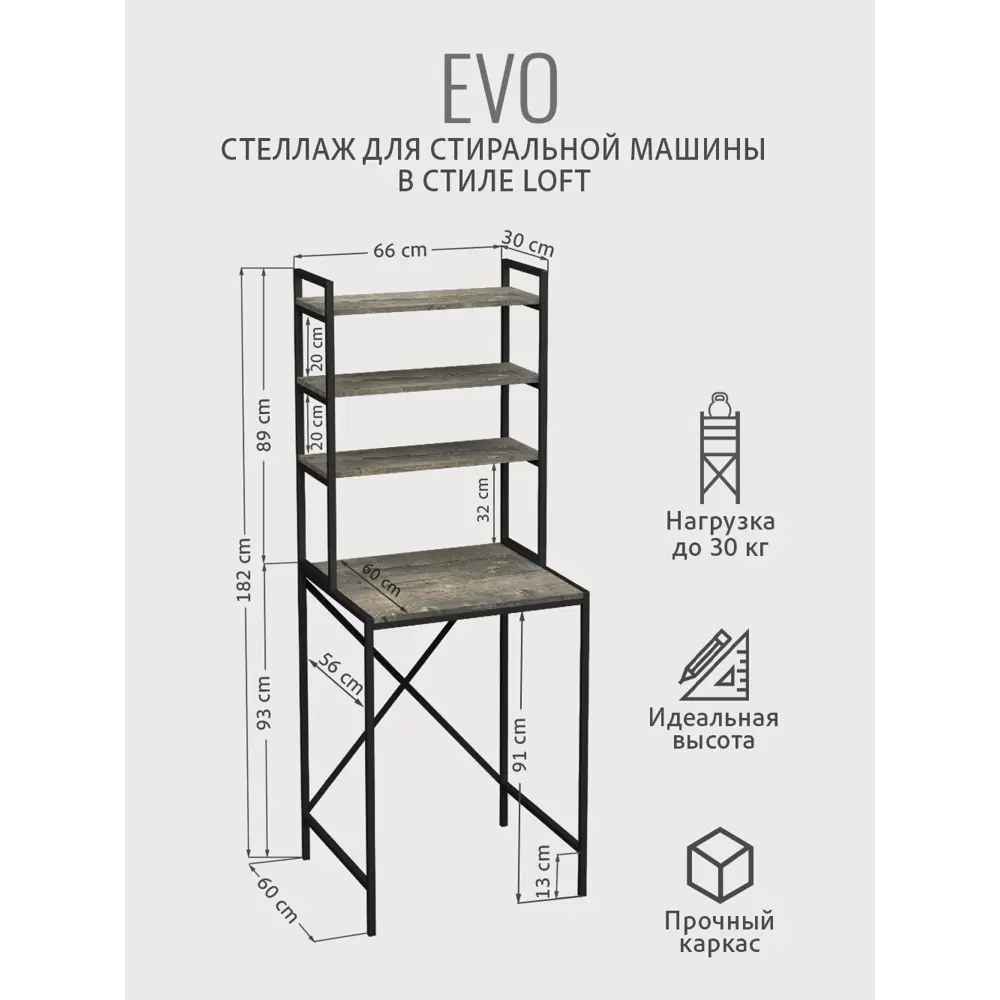 Фото 3 Стеллаж для стиральной машины Gostat Home Evo loft 66x60x182 см серый Фото 3 Стеллаж для стиральной машины Gostat Home Evo loft 66x60x182 см серый