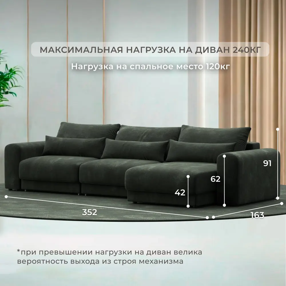 Фото 4 Диван угловой Лига-056 НПБ Лонг Лига диванов 129168 352x91x163 см шенилл цвет rimini 09 зеленый