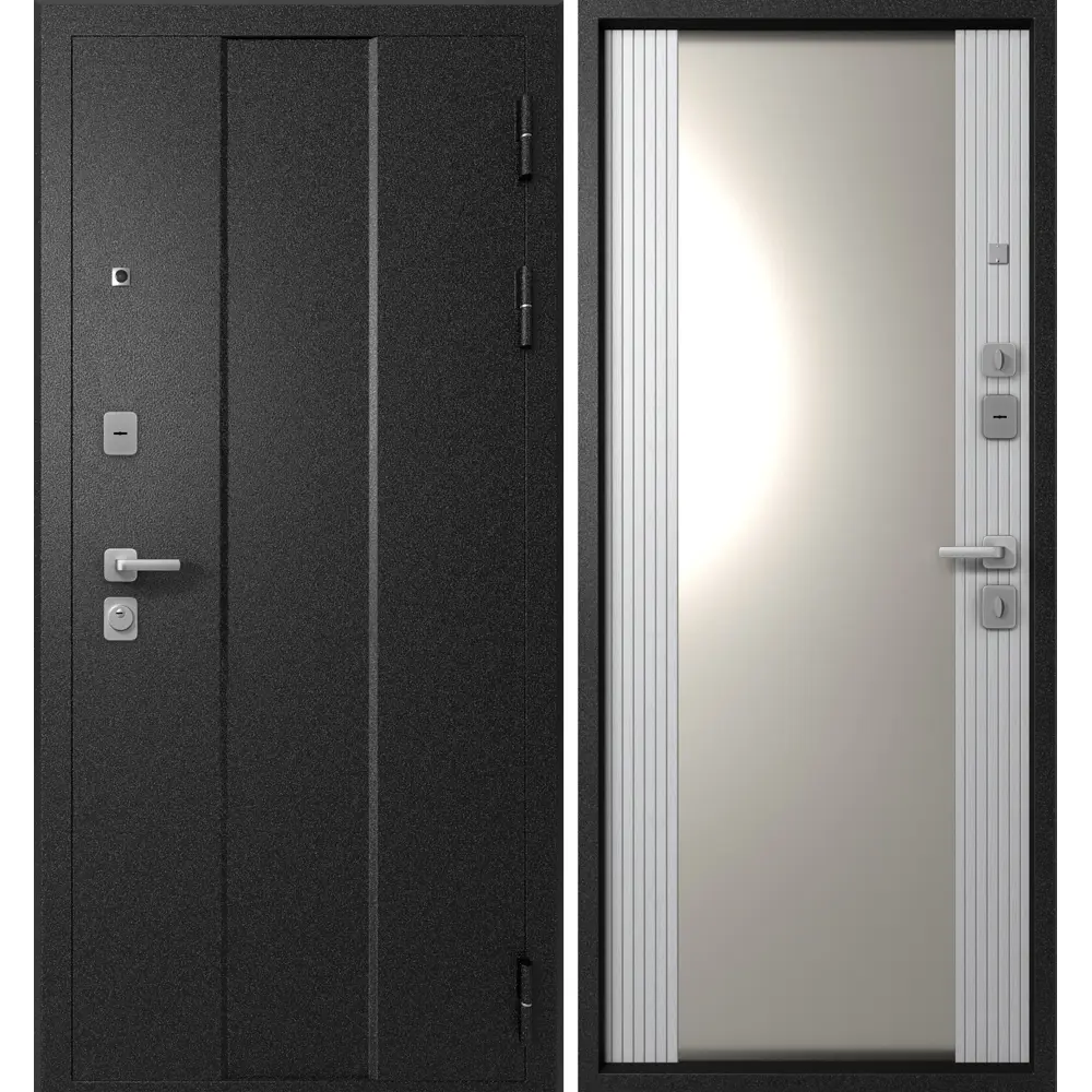 Фото Входная дверь Эталон Эталон М-5 левый 205x96см цвет чёрный букле/белый снег матовый хром с зеркалом Фото Входная дверь Эталон Эталон М-5 левый 205x96см цвет чёрный букле/белый снег матовый хром с зеркалом
