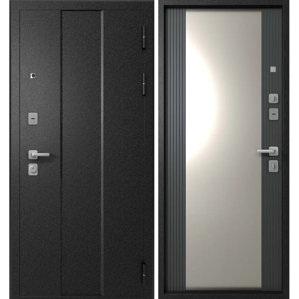 Фото Входная дверь Эталон Эталон М-5 правый 205x96см цвет чёрный букле/софт графит матовый хром с зеркалом Фото Входная дверь Эталон Эталон М-5 правый 205x96см цвет чёрный букле/софт графит матовый хром с зеркалом