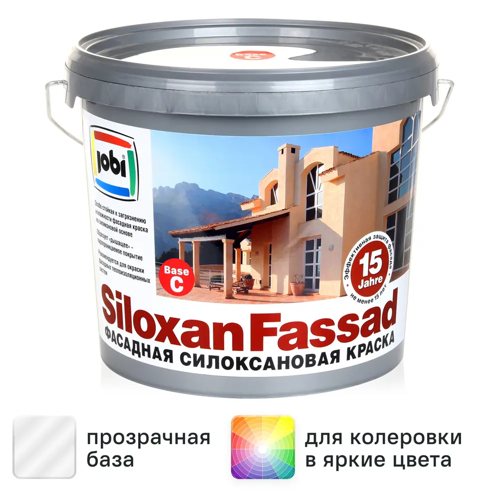 Фото Краска фасадная Jobi Siloxanfassad матовая прозрачная база С 5 л Фото Краска фасадная Jobi Siloxanfassad матовая прозрачная база С 5 л
