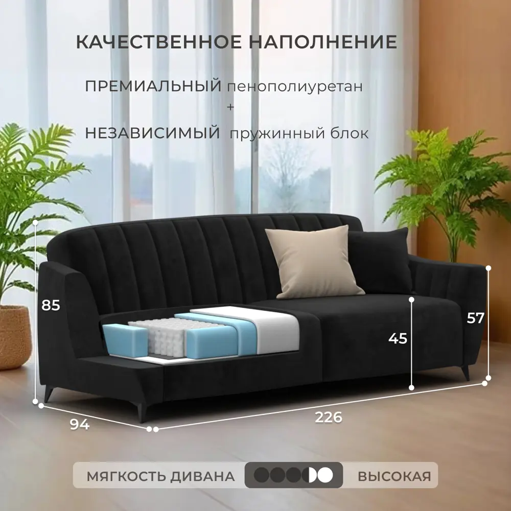 Фото 2 Диван раскладной Лига диванов Лига-095 НПБ 132536_спб 226x85x94 см велюр цвет seven 35 черный Фото 2 Диван раскладной Лига диванов Лига-095 НПБ 132536_спб 226x85x94 см велюр цвет seven 35 черный