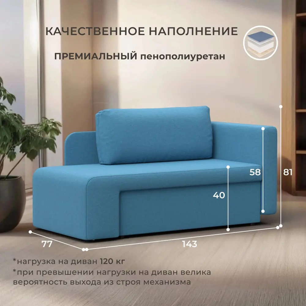 Фото 2 Кушетка Лига диванов Лига-097 132573_спб 143x81x77 см рогожка цвет амур 10 голубой