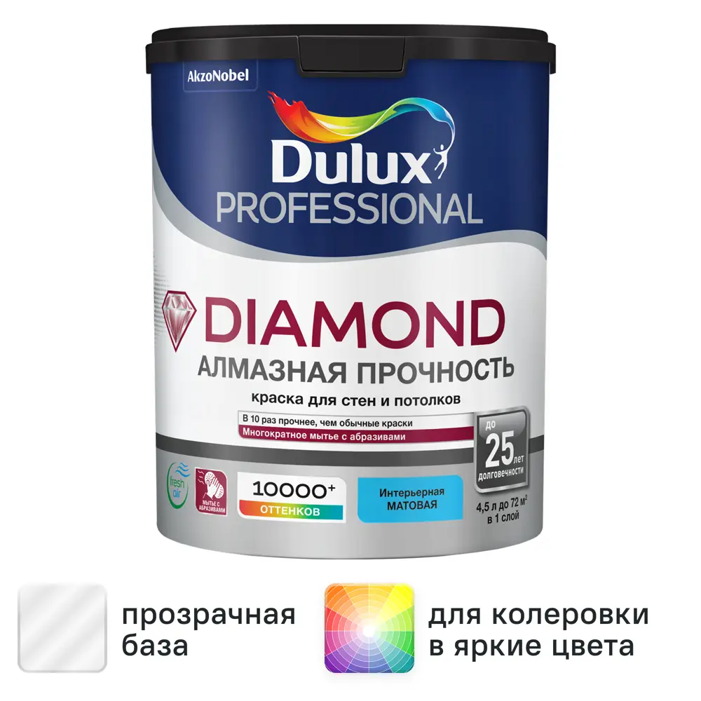 Фото Краска для стен и потолков Dulux Professional Diamond Matt матовая база BC прозрачная 4.5 л Фото Краска для стен и потолков Dulux Professional Diamond Matt матовая база BC прозрачная 4.5 л