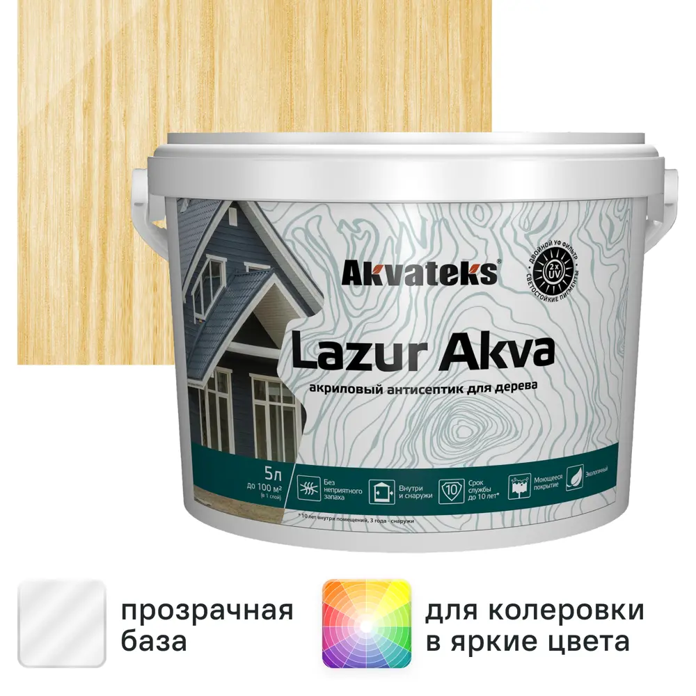Фото Лак-антисептик Akvateks Lazur Akva акриловый полуглянцевый прозрачный 5 л