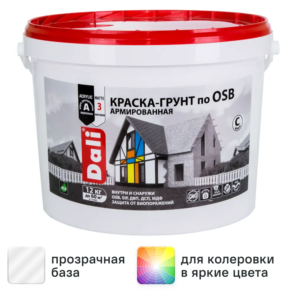 Фото Краска-грунт армированная по OSB Dali матовая прозрачная База С 12 кг Фото Краска-грунт армированная по OSB Dali матовая прозрачная База С 12 кг