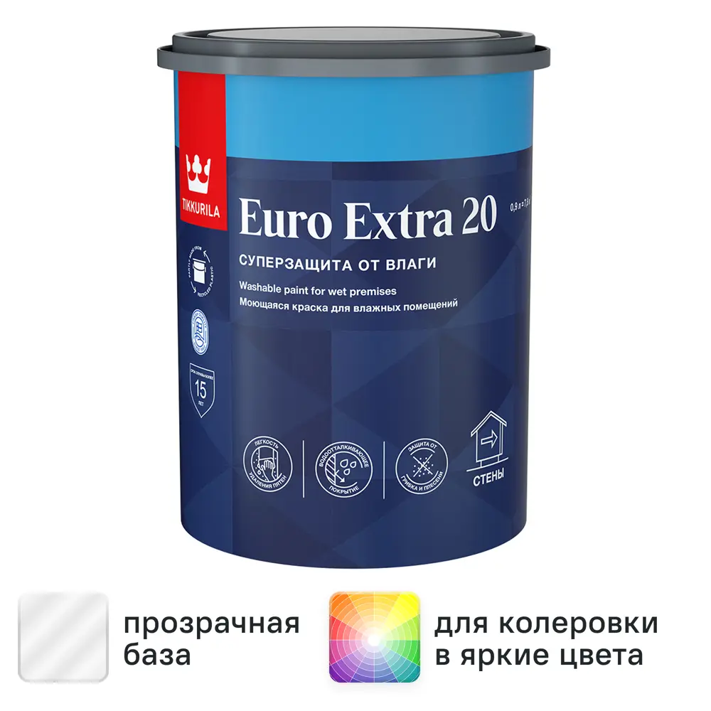 Фото Краска для стен и потолков Tikkurila Euro-20 полуматовая прозрачная база С 0.9 л Фото Краска для стен и потолков Tikkurila Euro-20 полуматовая прозрачная база С 0.9 л