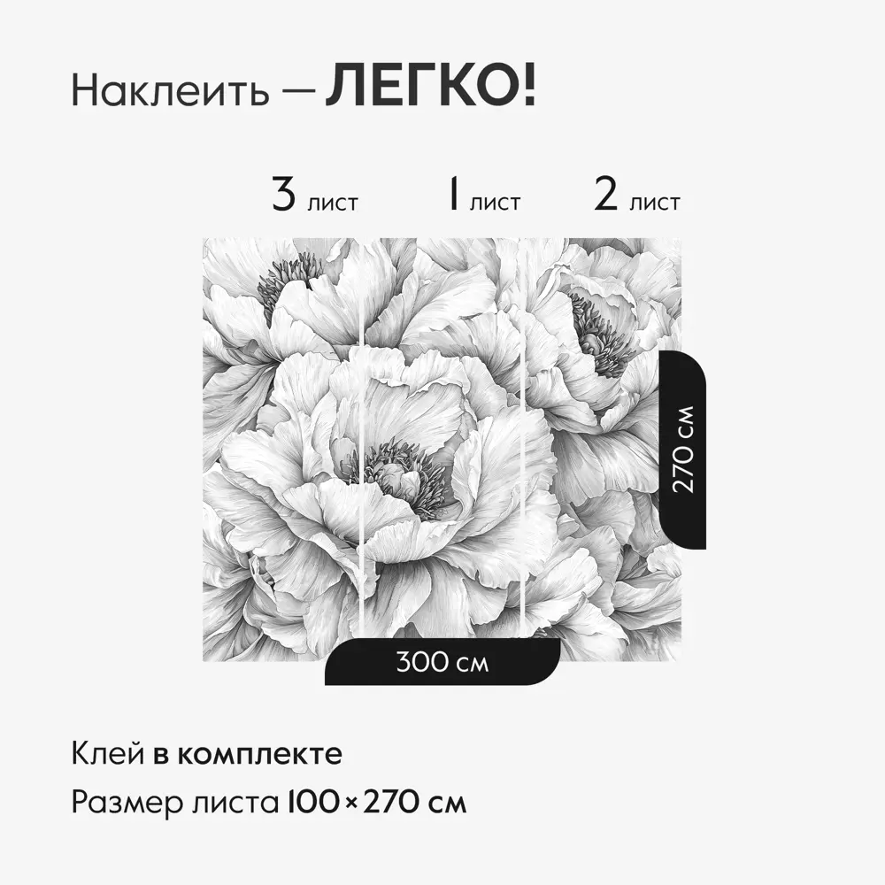 Фото 4 Фотообои Postermarket Черно-белые пионы WM-704V1/300*270 4630124117214 270x300 см