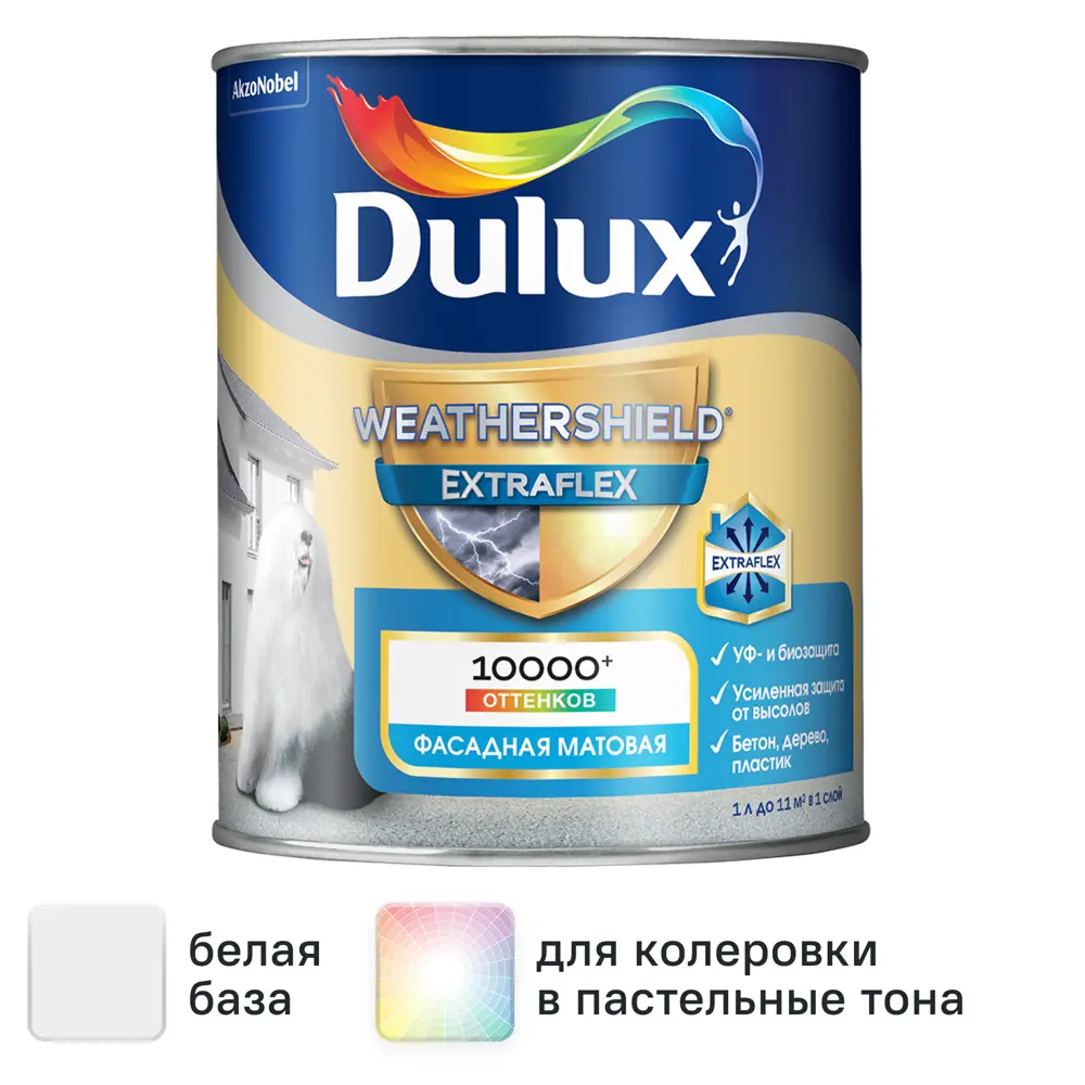 Фото Краска фасадная Dulux Weathershield Extraflex цвет белый матовая база BW 1 л Фото Краска фасадная Dulux Weathershield Extraflex цвет белый матовая база BW 1 л