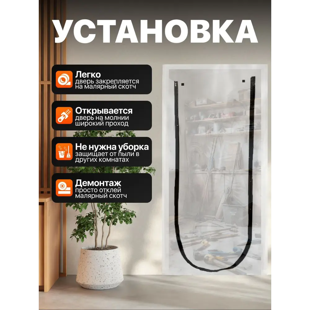 Фото 4 Временная дверь для ремонта 100мкм 1.1x2.2м с U-молнией цвет прозрачный 2шт