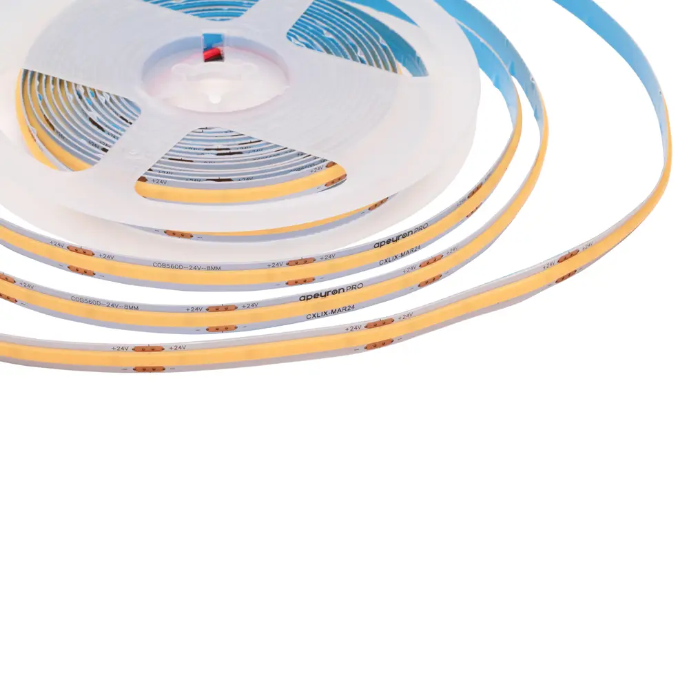 Фото 9 Светодиодная лента для контурной подсветки Apeyron LED COB 24В 8 мм 5м 15 Вт/м 560диод/м 1200 лм/м 3000 К теплый свет