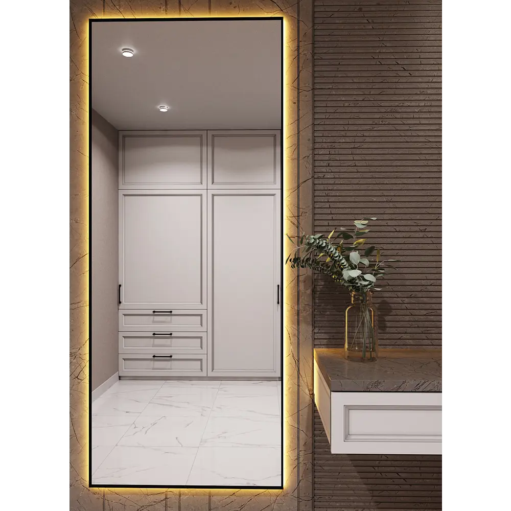Фото Зеркало с подсветкой One Mirror в алюминиевой раме настенное 190x90см свет холодный белый цвет черное Фото Зеркало с подсветкой One Mirror в алюминиевой раме настенное 190x90см свет холодный белый цвет черное
