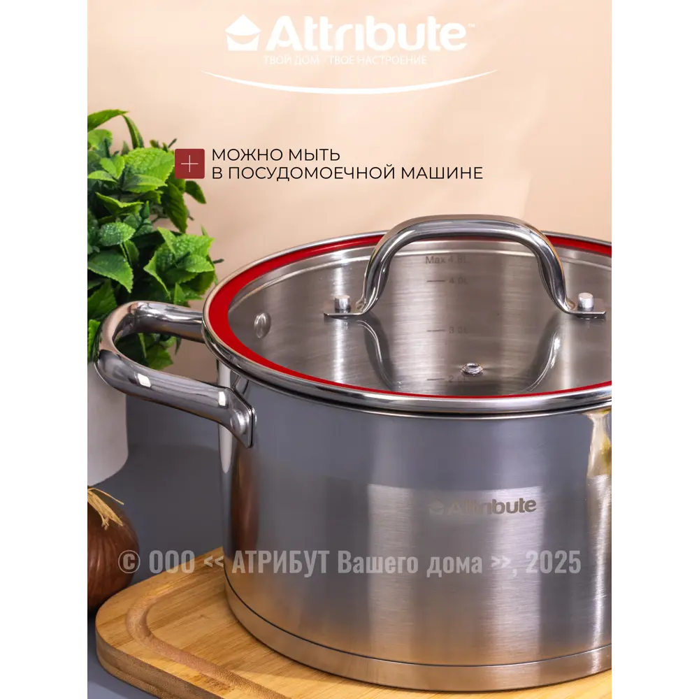 Фото 10 Кастрюля 4.8 л с крышкой Attribute ASC004 нержавеющая сталь цвет серый / серебристый
