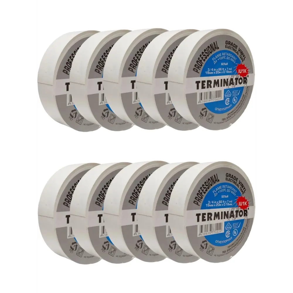 Фото Изоляционная лента Terminator IU1K 0.18x19мм 20м ПВХ белый 10шт