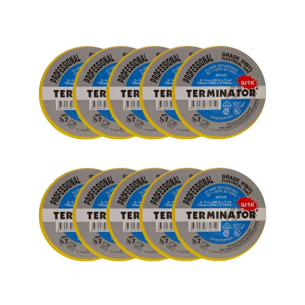 Фото Изоляционная лента Terminator IU1K 0.18x19мм 20м ПВХ желтый 10шт