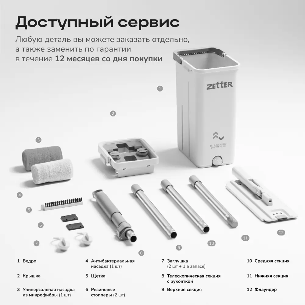 Фото 14 Швабра с отжимом и ведром Zetter XS 2.0 цвет белый Фото 14 Швабра с отжимом и ведром Zetter XS 2.0 цвет белый