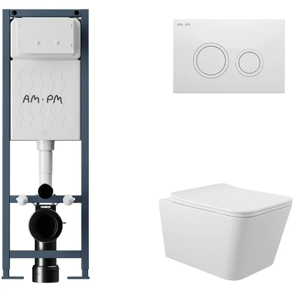 Фото 4 Инсталляция AM.PM I012711.0101 ErgoFit с клавишей слива ErgoFit L пластик глянцевый белый унитаз 52x37 Soft-Close матовый белый квадрат