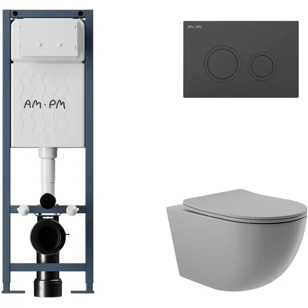 Фото 4 Инсталляция Am.Pm ErgoFit с клавишей ErgoFit L пластик черный матовый с унитазом подвесным ADT 52.5x36 микролифт, серый матовый, овал Фото 4 Инсталляция Am.Pm ErgoFit с клавишей ErgoFit L пластик черный матовый с унитазом подвесным ADT 52.5x36 микролифт, серый матовый, овал