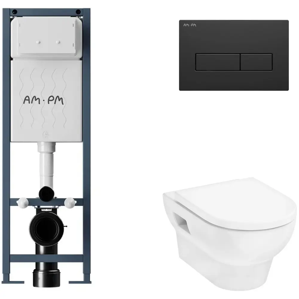 Фото 4 Инсталляция AM.PM I012711.0338 ErgoFit с клавишей смыва ErgoFit M черный матовый Hansgrohe GladeLake S унитаз 540x360 белый