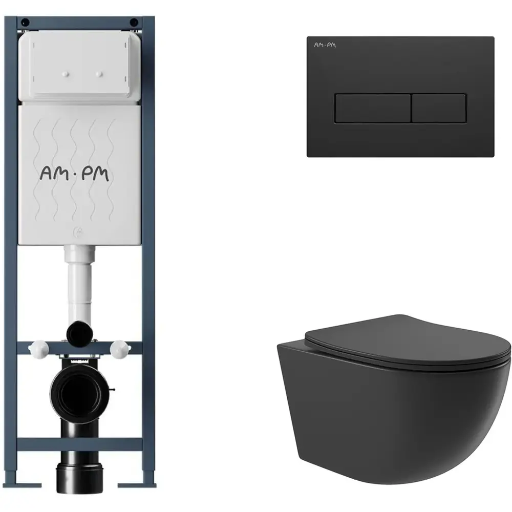 Фото 4 Инсталляция AM.PM I012711.0338 ErgoFit с клавишей слива ErgoFit M пластик матовый черный унитаз 52.5x36 Soft-Close матовый черный овал