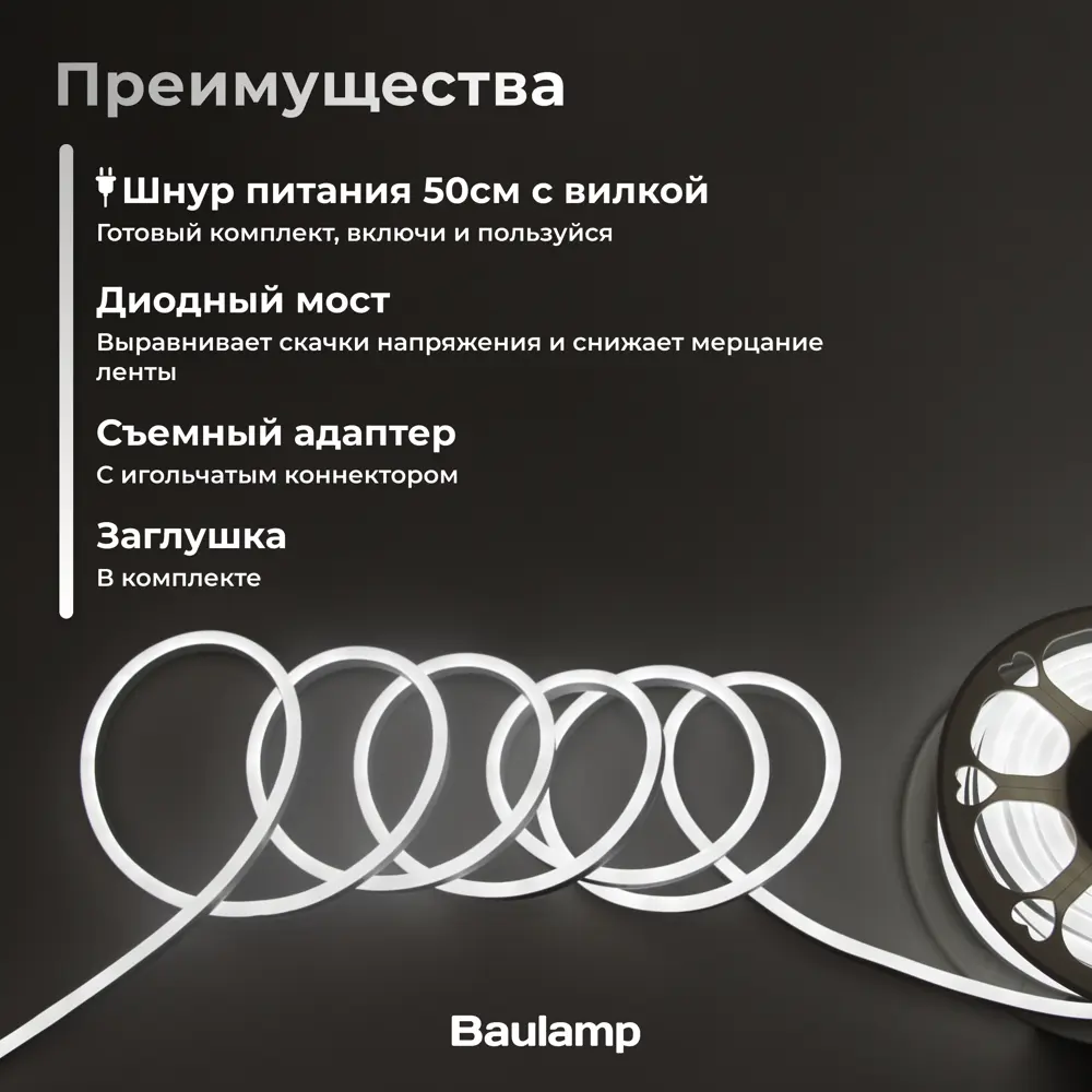 Фото 2 Гибкий неон Baulamp 53011 120 диод/м 7 Вт/м 220 В IP67 20 м нейтральный белый свет Фото 2 Гибкий неон Baulamp 53011 120 диод/м 7 Вт/м 220 В IP67 20 м нейтральный белый свет