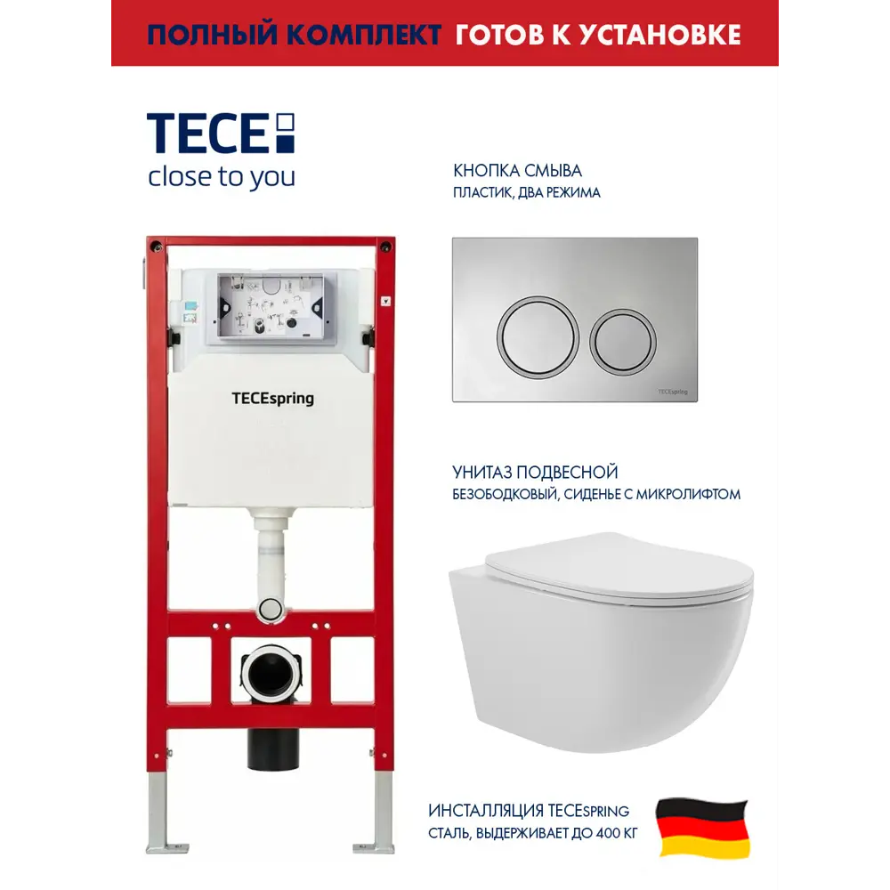 Фото Инсталляция TECE spring с круглыми клавишами хром глянцевый унитаз подвесной безободковый ADT 52.5x36 микролифт белый глянцевый овал