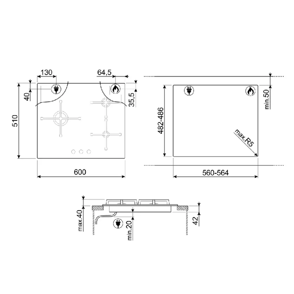 Фото 2 Газовая варочная панель Smeg PV164B3 60 см 4 конфорки цвет черный