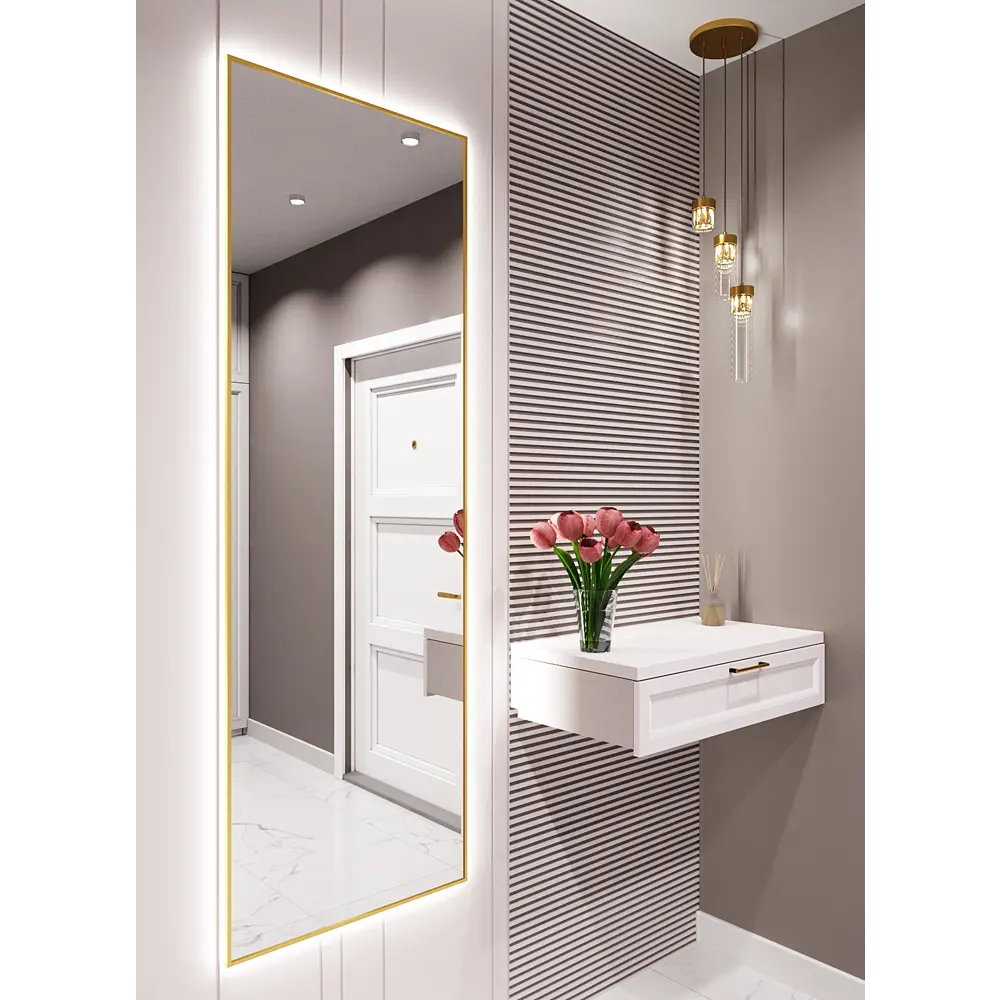 Фото 2 Зеркало с подсветкой One Mirror в алюминиевой раме настенное 190x70см свет холодный белый цвет золото Фото 2 Зеркало с подсветкой One Mirror в алюминиевой раме настенное 190x70см свет холодный белый цвет золото