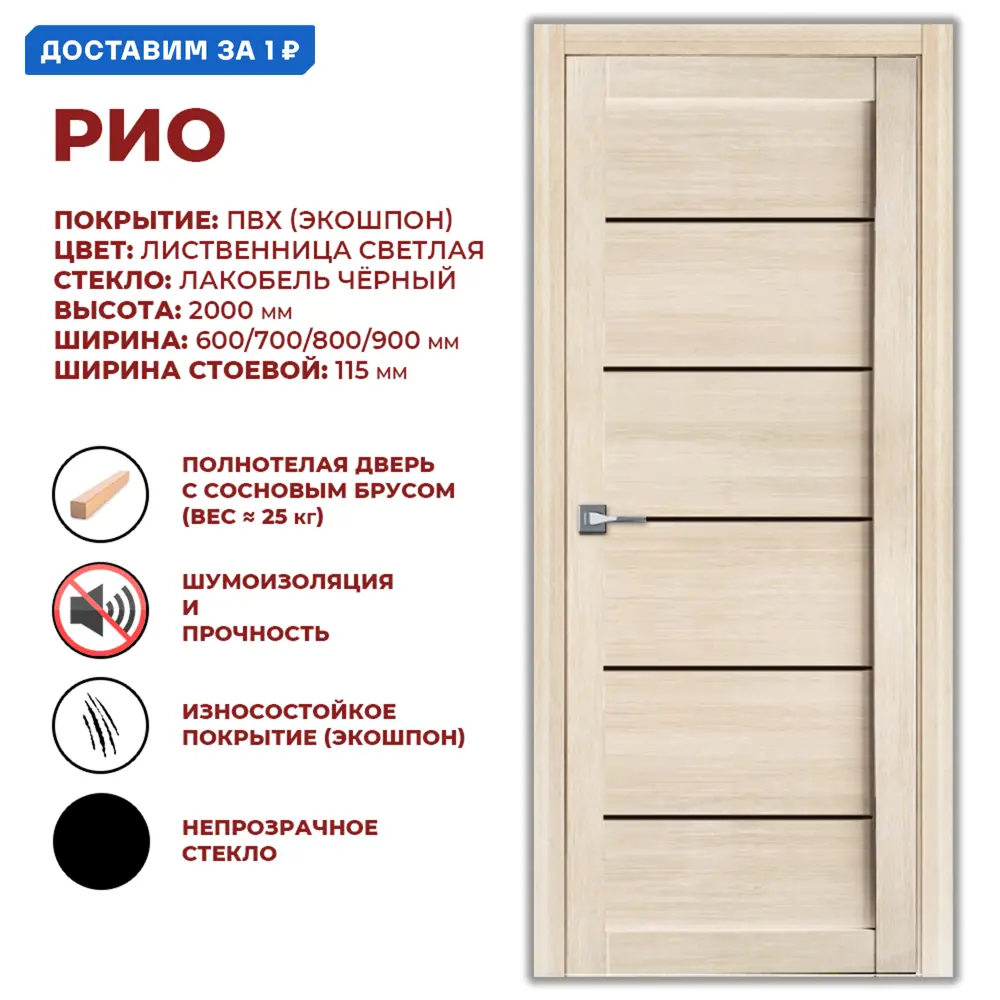 Фото Дверь межкомнатная Дверные решения Рио остеклённая 90x200см ПВХ цвет лиственница светлая без замка и петель