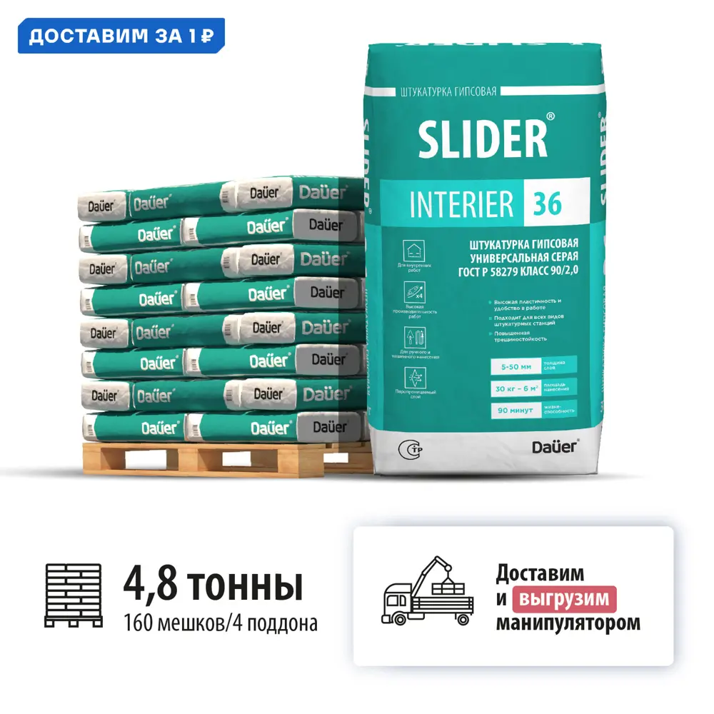 Фото Штукатурка гипсовая универсальная Dauer Slider 36 цвет серый комплект 30кг x 160шт машиной манипулятором Фото Штукатурка гипсовая универсальная Dauer Slider 36 цвет серый комплект 30кг x 160шт машиной манипулятором