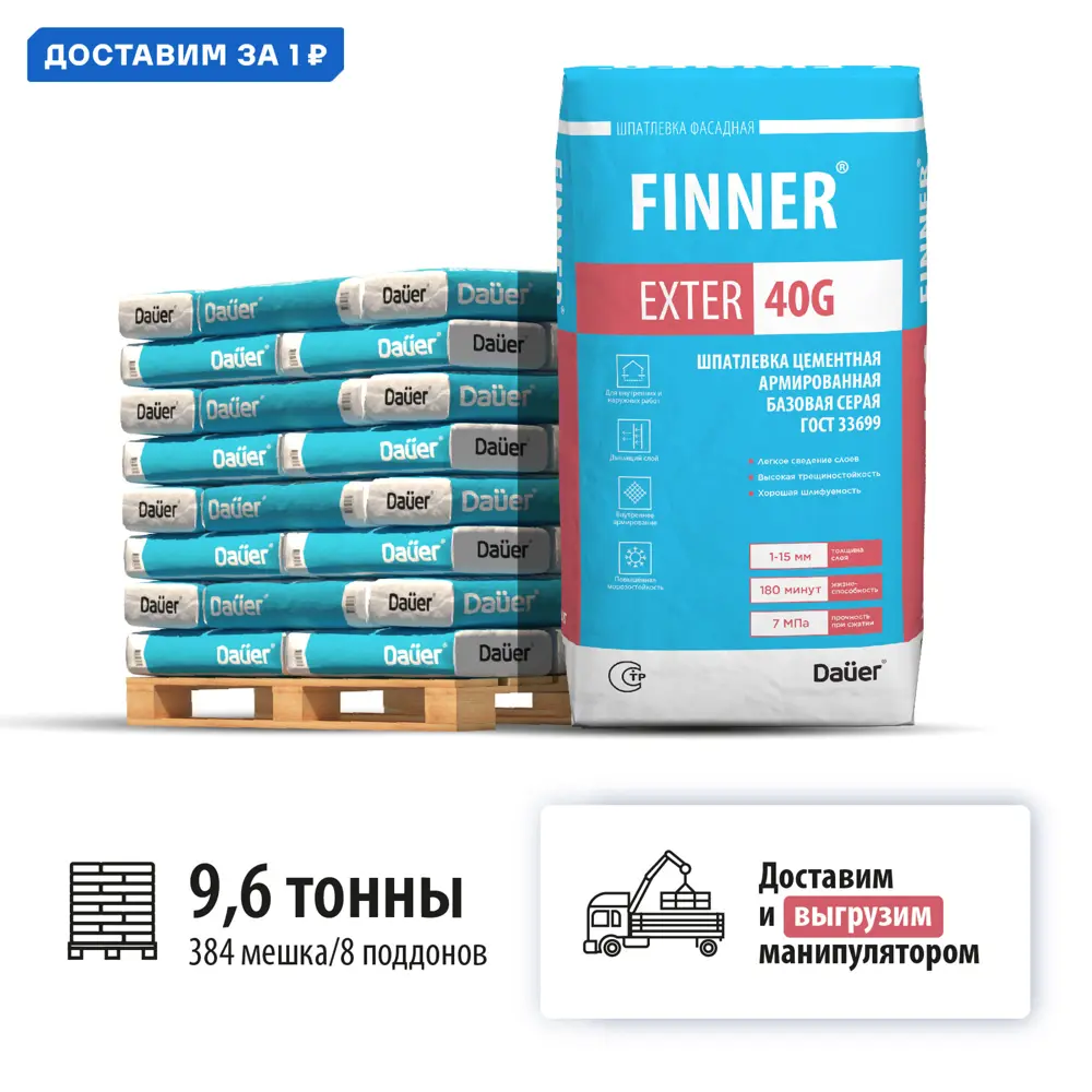 Фото Шпатлевка цементная армированная базовая Dauer Finner 40G цвет серый комплект 25кг x 384шт машиной манипулятором Фото Шпатлевка цементная армированная базовая Dauer Finner 40G цвет серый комплект 25кг x 384шт машиной манипулятором