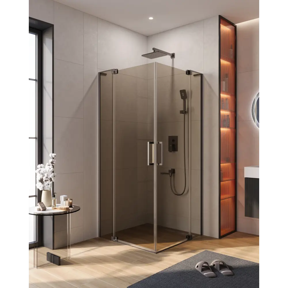 Фото 2 Душевой уголок Cezares Slider квадрат 100x100см никелированный профиль эффект стекла тонированный SLIDER-A-2-100/110-BR-GM