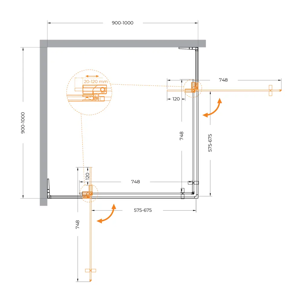 Фото 6 Душевой уголок Cezares Slider квадрат 90x90см золотистый профиль эффект стекла тонированный SLIDER-A-2-90/100-BR-BORO