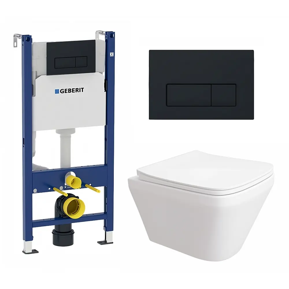 Фото Комплект инсталляция 3 в 1 Geberit Duofix с унитазом подвесным Vicino EN9170544 и кнопка черная матовая Фото Комплект инсталляция 3 в 1 Geberit Duofix с унитазом подвесным Vicino EN9170544 и кнопка черная матовая