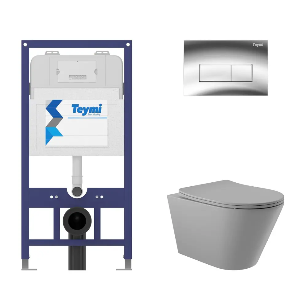 Фото 4 Инсталляция Teymi Aina 52 T70011 с клавишей Helmi хром глянцевый T70202CH и унитаз безободковый ADT 52.5x36 микролифт серый матовый, конус