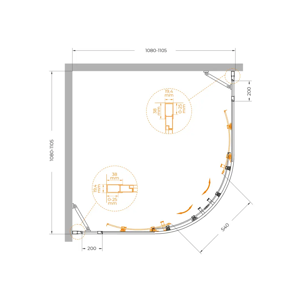 Фото 6 Душевой уголок Cezares Molveno полукруг 110x110см никелированный профиль эффект стекла прозрачный MOLVENO-R-22-90+20-C-GM-IV