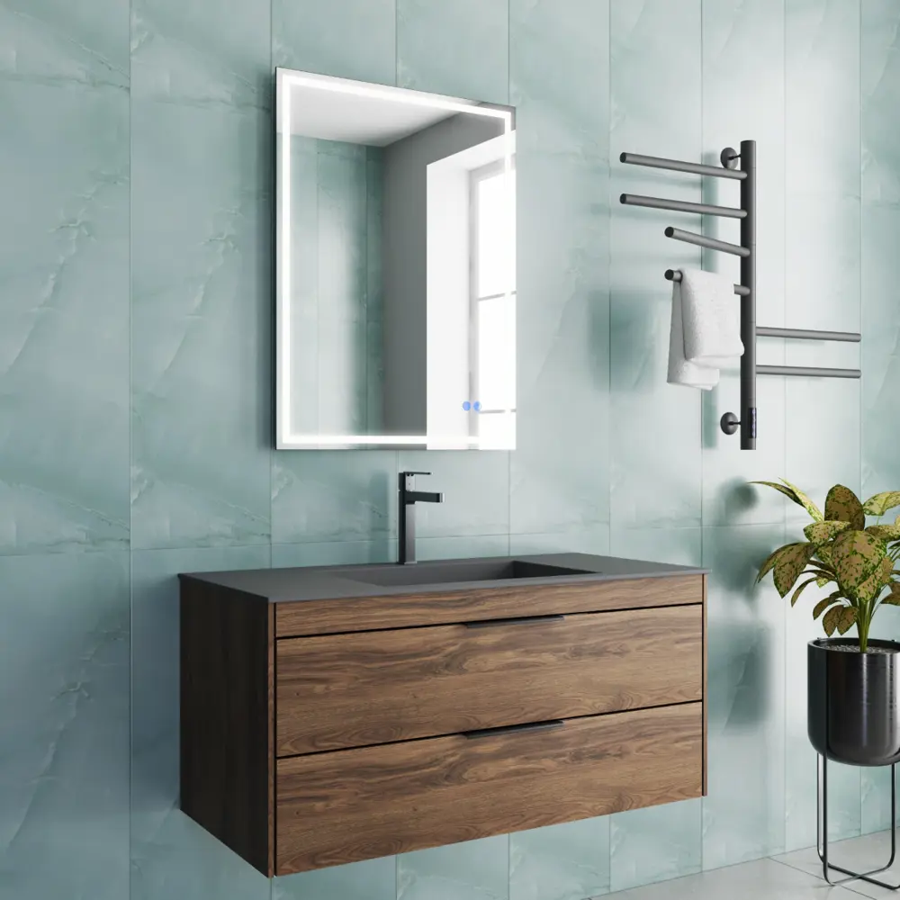 Фото 3 Тумба с раковиной из искусственного камня Vincea Chiara 2D C.Oak Grey 100см цвет коричневый