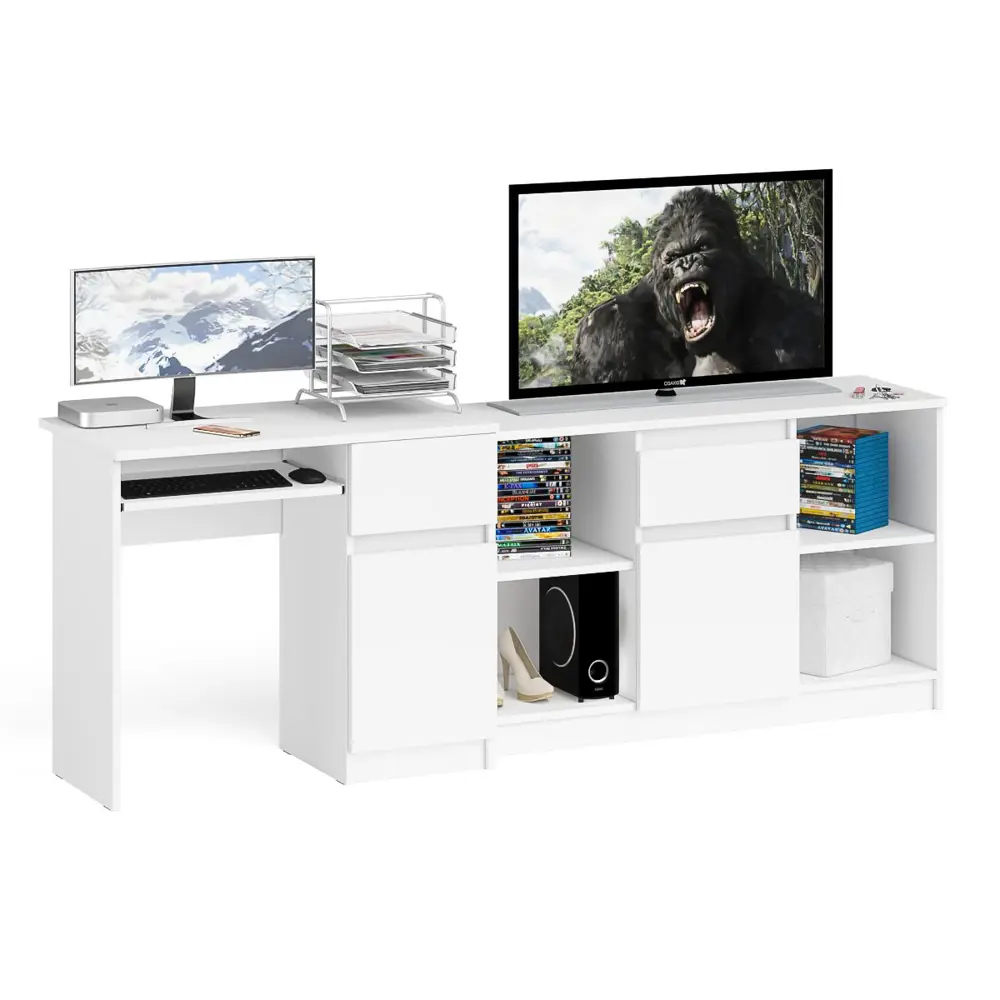 Фото Офисный стол с полкой Свк Мори МС-1 правый с тумбой 210x77x50 см ЛДСП цвет белый 1026688K Фото Офисный стол с полкой Свк Мори МС-1 правый с тумбой 210x77x50 см ЛДСП цвет белый 1026688K