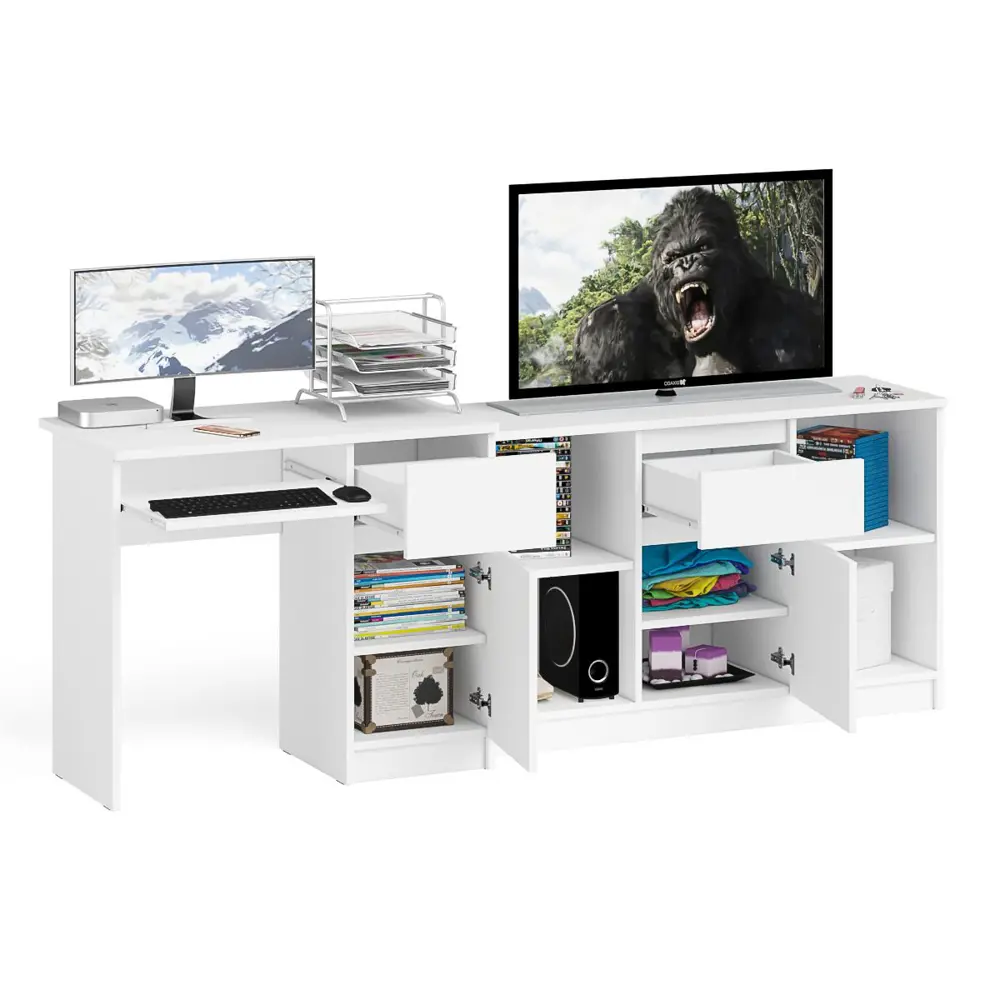 Фото 2 Офисный стол с полкой Свк Мори МС-1 правый с тумбой 210x77x50 см ЛДСП цвет белый 1026688K Фото 2 Офисный стол с полкой Свк Мори МС-1 правый с тумбой 210x77x50 см ЛДСП цвет белый 1026688K