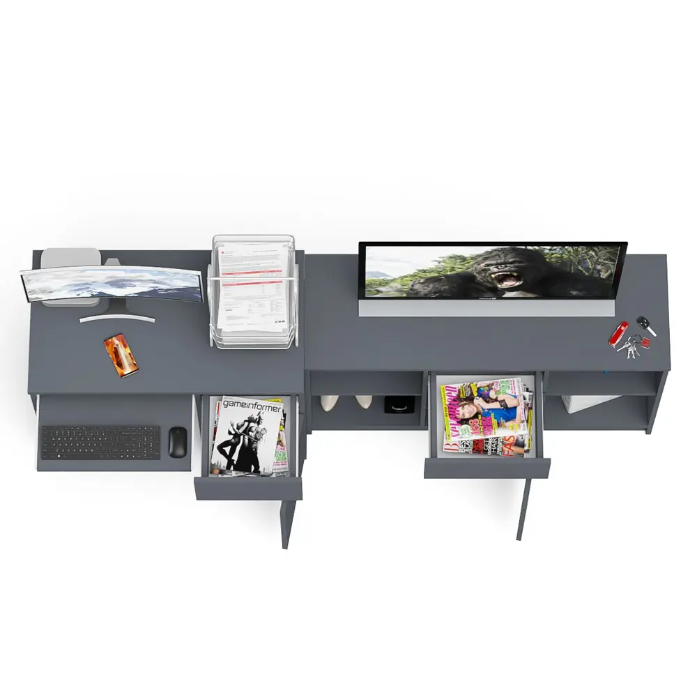 Фото 6 Офисный стол с полкой Свк Мори МС-1 правый с тумбой 210x77x50 см ЛДСП цвет графит 1026696K Фото 6 Офисный стол с полкой Свк Мори МС-1 правый с тумбой 210x77x50 см ЛДСП цвет графит 1026696K