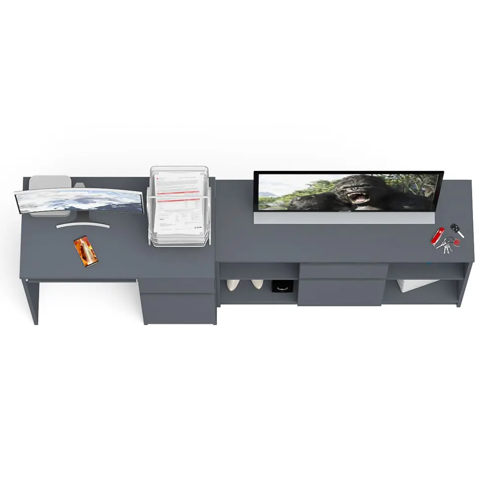 Фото 5 Офисный стол с полкой Свк Мори МС-1 правый с тумбой 210x77x50 см ЛДСП цвет графит 1026696K Фото 5 Офисный стол с полкой Свк Мори МС-1 правый с тумбой 210x77x50 см ЛДСП цвет графит 1026696K