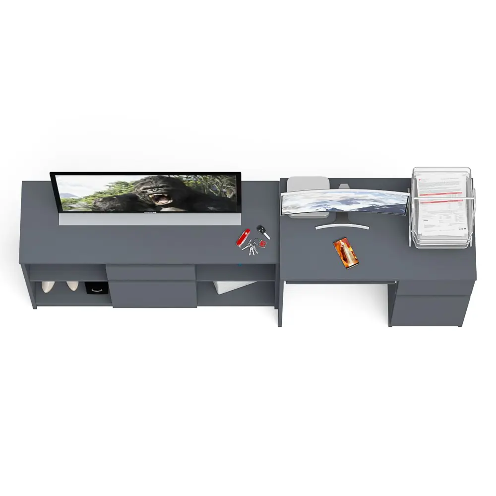 Фото 7 Офисный стол с полкой Свк Мори МС-1 правый с тумбой 210x77x50 см ЛДСП цвет графит 1026696K Фото 7 Офисный стол с полкой Свк Мори МС-1 правый с тумбой 210x77x50 см ЛДСП цвет графит 1026696K